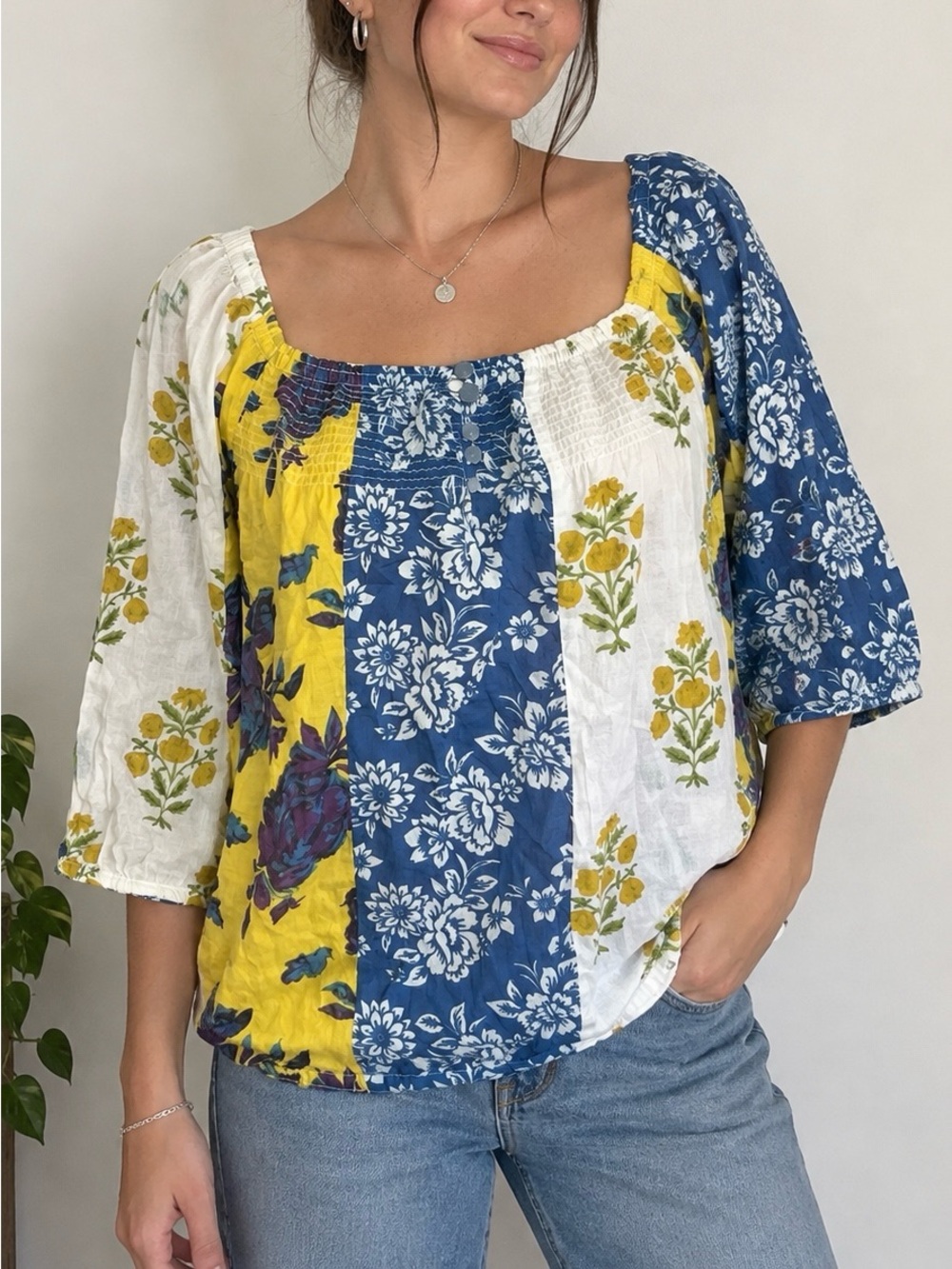 Vintage Y2K Boho Patchwork Floral Square-Neck Top Cotton Daisy Indie Folk 70s